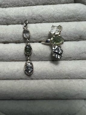 Sterling Silver Herkimer, Moldavite, and Meteorite Gem Drop and Ring Set